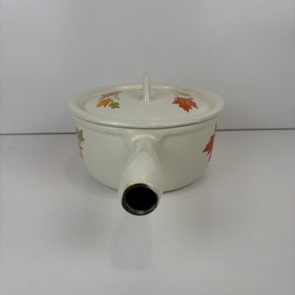 Vintage Descoware Belgium White Enamelware Saucepan With Lid Autumn Leaf Design - Picture 7 of 10